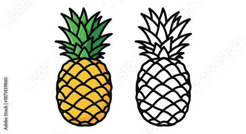 Illustration of a colored and a black-and-white line drawing pineapple side by side on a white background.