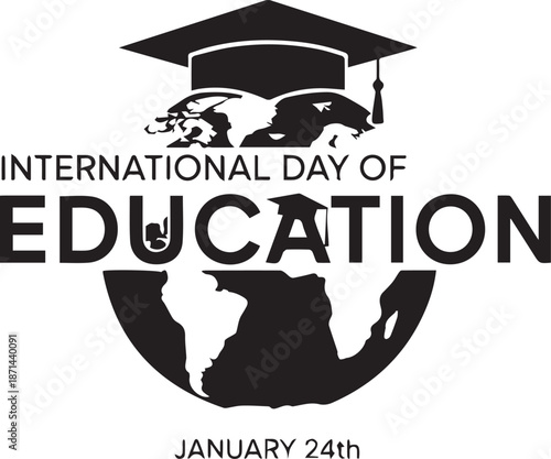 International Day of Education Banner with Silhouettes of Diverse Children Holding Books and Globe