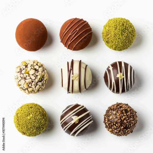 Assorted gourmet chocolate truffles with various toppings and coatings