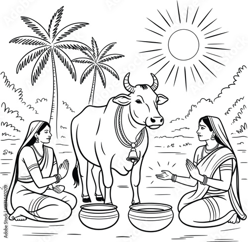 Rural Ritual Vector with Women, Decorated Cow, Clay Pots, Palm Trees, and Sun Symbolizing Traditional Indian Culture.