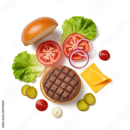 Delicious burger ingredients arranged on white background