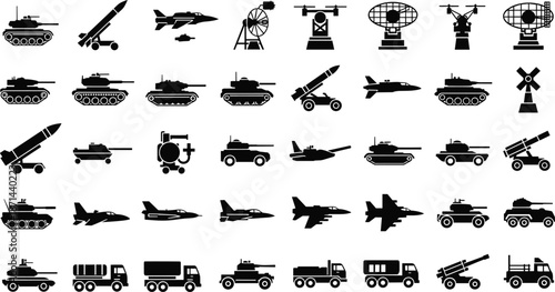 Military vehicle and equipment silhouette icon set with tanks, jets, missiles, trucks, and radar systems in black