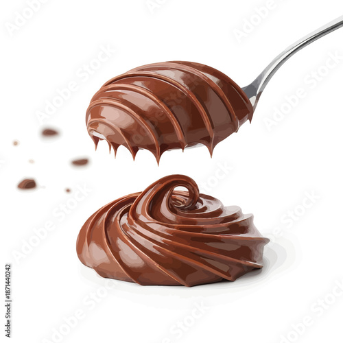 Rich chocolate sauce swirls on spoon and plate