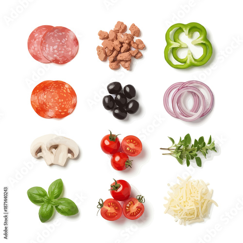 Delicious pizza ingredients arranged on white background