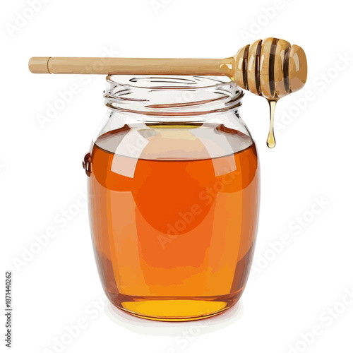 Honey jar with wooden dipper dripping golden honey