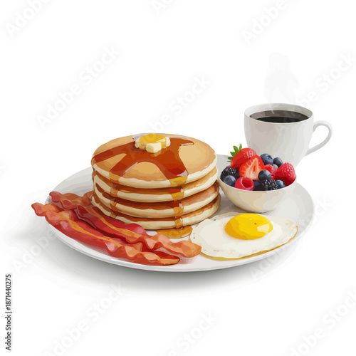 Delicious breakfast plate with pancakes, bacon, egg, and fresh fruit