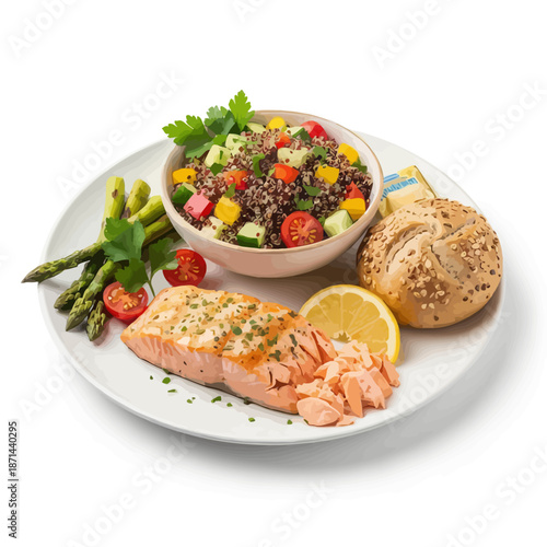 Delicious salmon fillet with quinoa salad and fresh vegetables