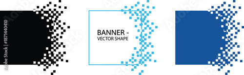 Pixelated square vector design set with fragmented dispersion effects in black and blue