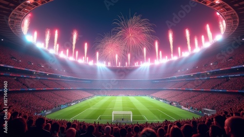 soccer tournament celebration in packed stadium with colorful fireworks and bright lights festive realistic sports scene full of energy and excitement concept of football event 