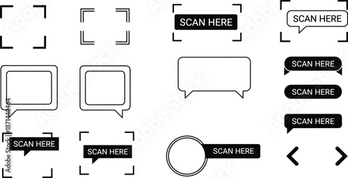 Scan Here icon set with corner brackets, speech bubbles, and arrows for QR code prompts