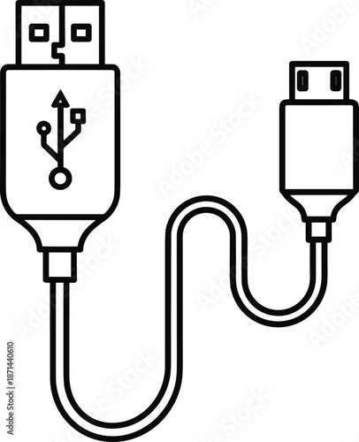 USB Type‑A to Micro‑B cable line drawing icon in black and white