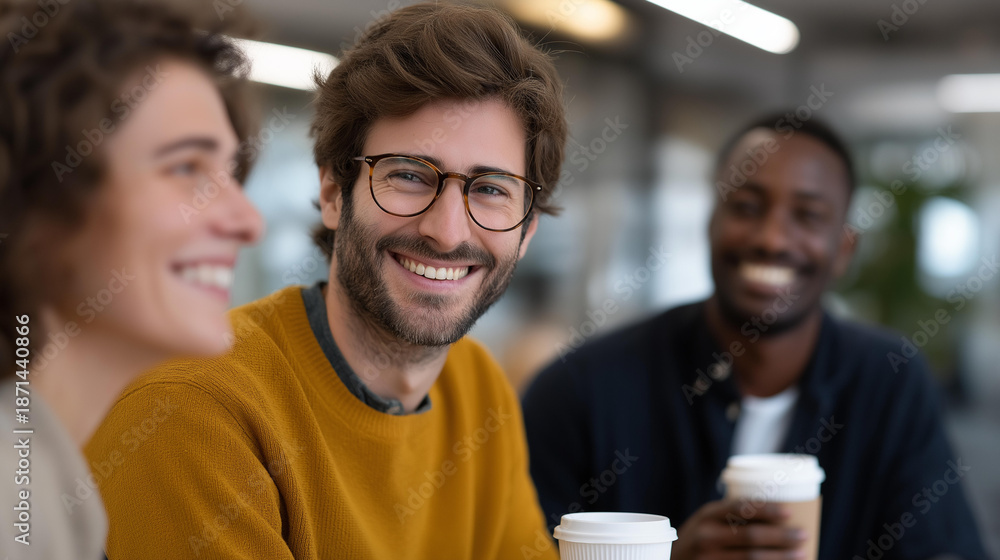 Fototapeta premium Office coffee break moment with coworkers laughing, casual discussion, coffee cups, bright office interior, friendly atmosphere, team connection, motivation boost and daily corporate routine scene