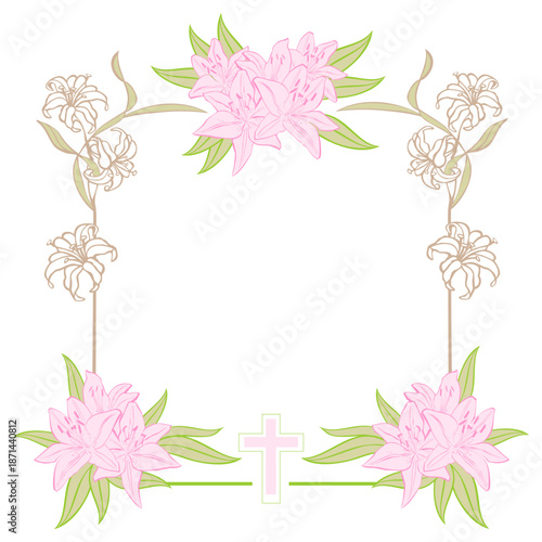 Announcements. Flower Cross isolated on White background.  Beautiful pink lilly flower  in frame.  Design of card or wedding invitation. Summer floristic frame blank for designer, enter text, vector