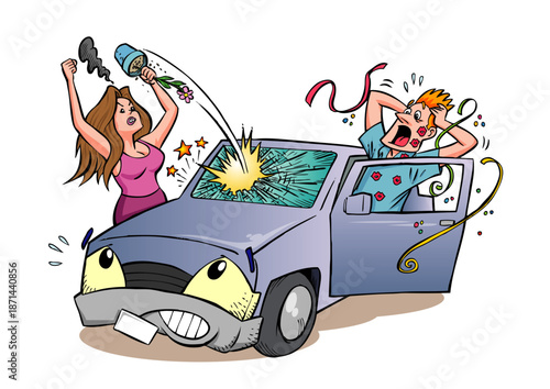Angry woman crashing car