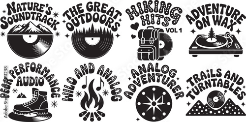 Outdoor hiking and vintage music quote set, nature soundtrack analog adventures