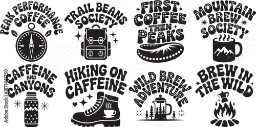 Mountain and coffee adventure quotes and illustrations set