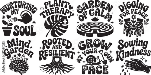 Gardening and mental wellness quotes and illustrations set