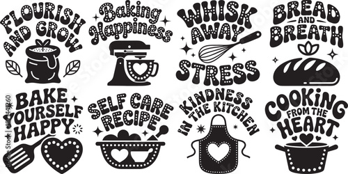 Baking and cooking quotes and illustrations set