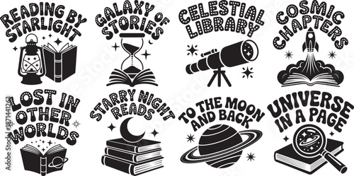 Space and reading quotes and illustrations set