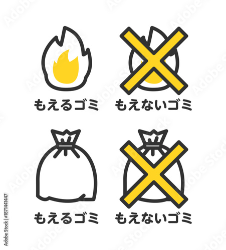 燃えるゴミ、燃えないゴミのイメージイラスト。Illustration of burnable and non-burnable garbage.