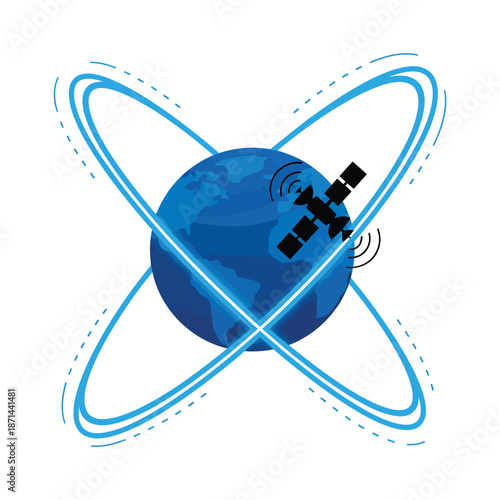 Global satellite communication around Earth with orbital signal network illustration