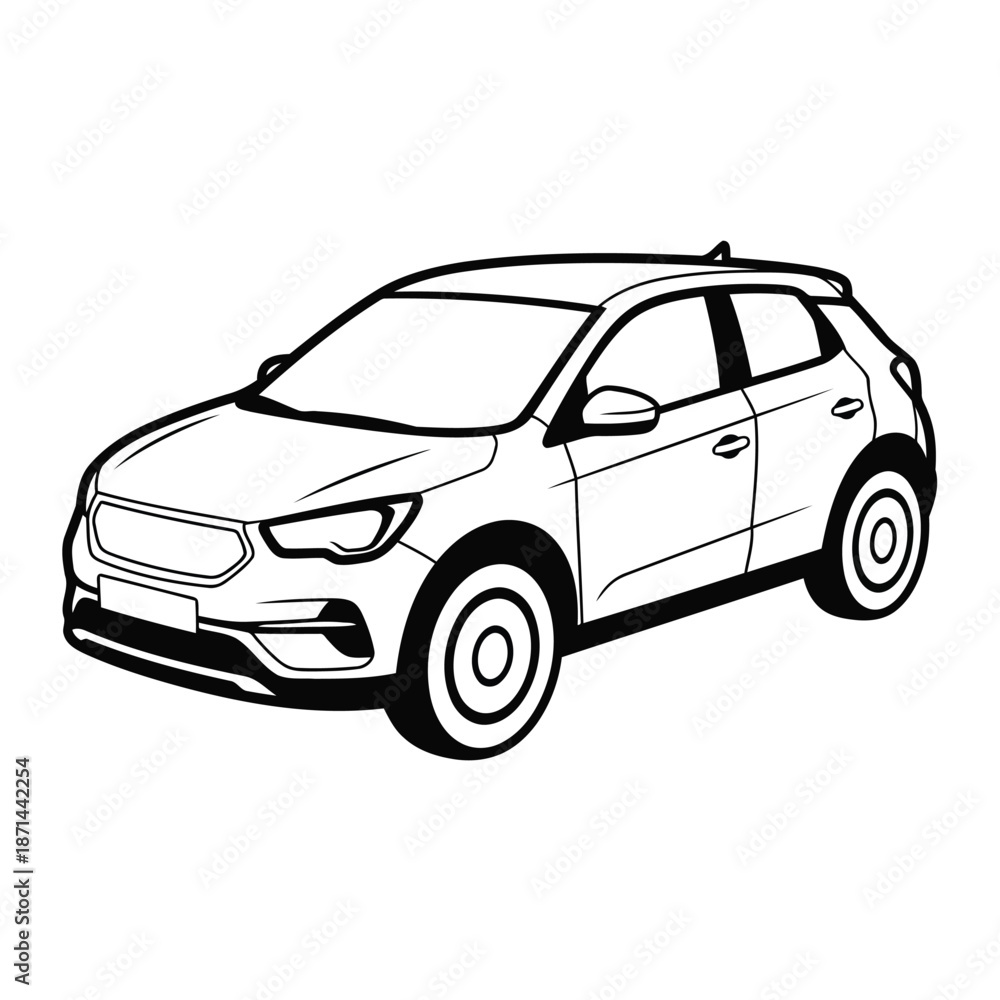 Fototapeta premium Simple black and white illustration of a compact SUV viewed from the front on a plain background