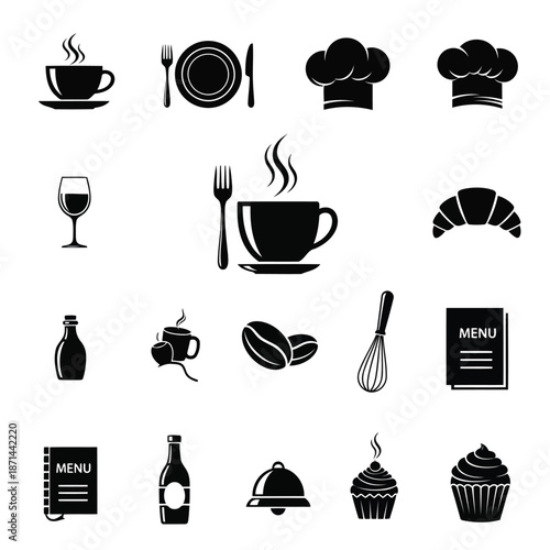 Collection of black icons representing various food and drink items, cooking utensils, and dining elements on a plain background from a straightforward viewpoint