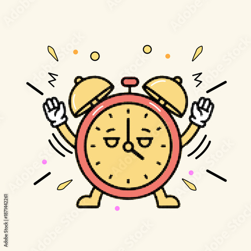 Halftone pop art dot tired alarm clock character ringing in the morning vector illustration