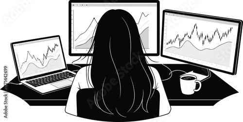 Back View of Female Trader Analyzing Financial Market Growth Charts on Multiple Monitors and Laptop in Modern Flat Vector Style Illustration