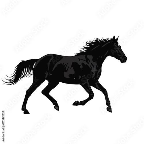 A black horse running freely in an open field, captured from a side view, showcasing its dynamic movement and flowing mane.