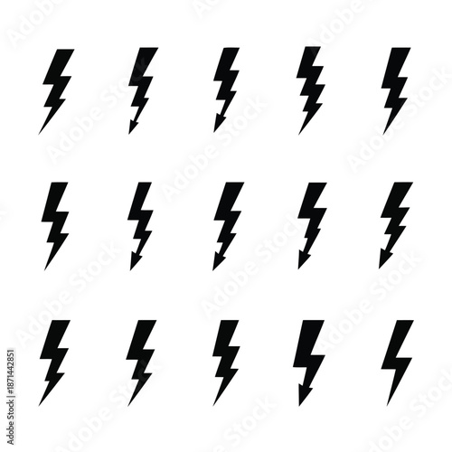 Set of black lightning bolt symbols arranged in a grid pattern on a clean background
