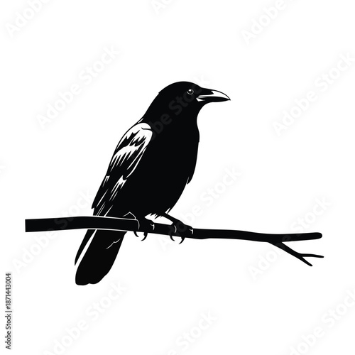 A crow perched on a branch in a serene landscape viewed from the side.