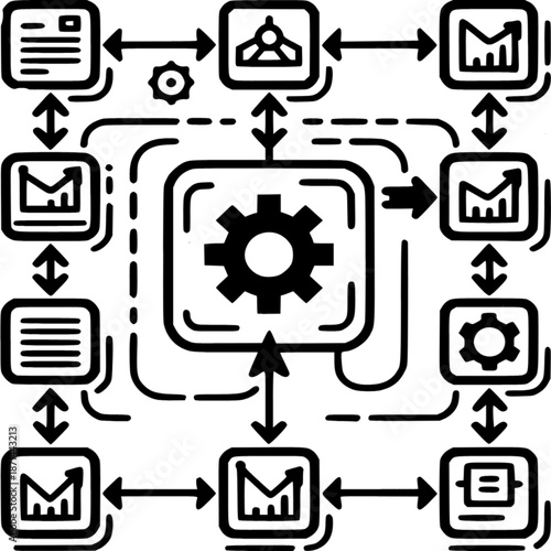 Technology Interconnectivity: A schematic illustration depicting a central processing unit surrounded by various technological processes, interconnected with intricate lines.