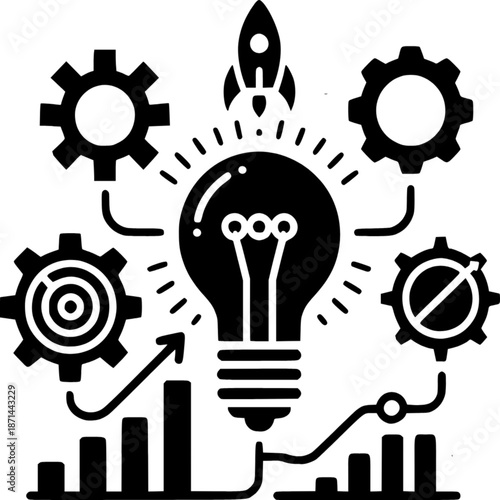 Innovative Blueprint: An illustration shows a bright lightbulb radiating ideas, symbolizing innovation, with surrounding gears representing processes and elements of a startup concept.