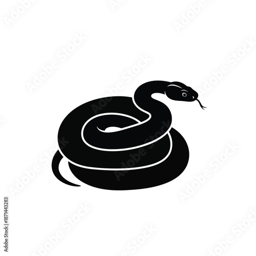 A coiled black snake illustration with its tongue out viewed from the side