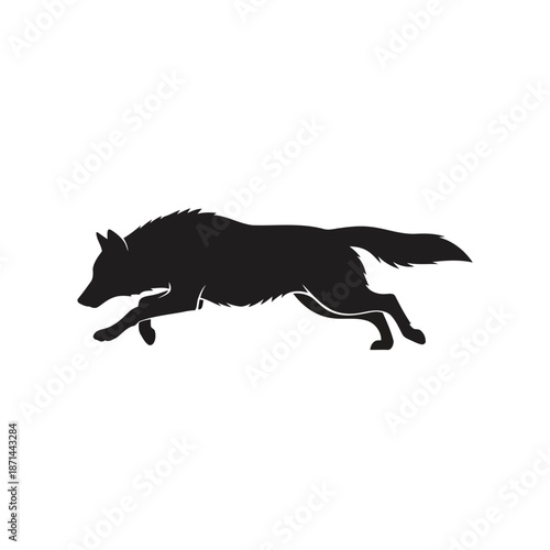 A black silhouette of a wolf running with dynamic posture and flowing fur, captured from a side viewpoint.