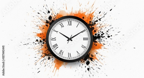 Black and White Round Wall Clock with Roman Numerals on Orange and Black Paint Splatter Background