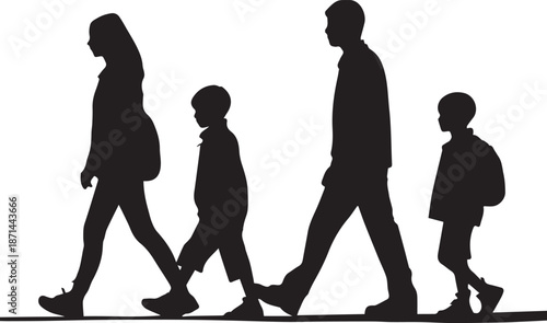 A family of four walking together in silhouette