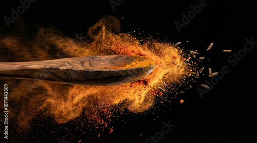 Olive wood spoon with exploding chili powder and cumin seeds in vibrant orange motion freeze style as spicy indian culinary concept with copy space