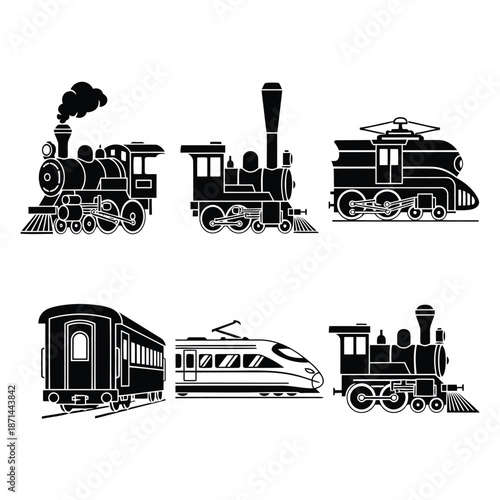 Vintage trains and modern locomotive silhouettes against a plain background from a straightforward viewpoint.