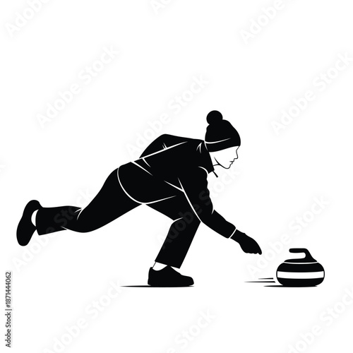 Curling player in action delivering stone on ice rink from side view