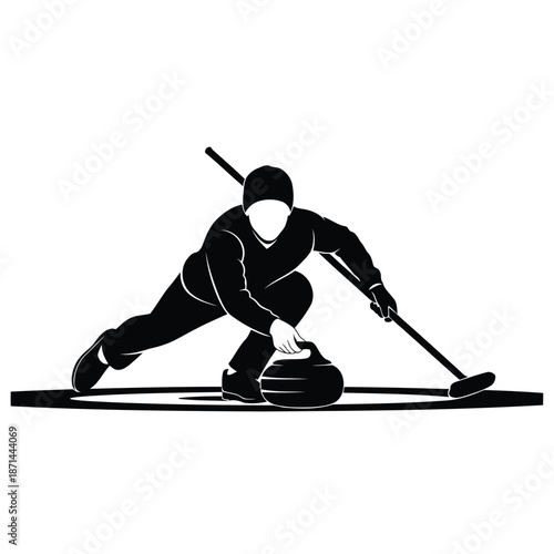 Curling player in action, sweeping stone on ice rink with broom from side view