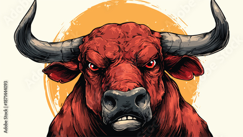 Fierce Angry Bull Cartoon Vector with Outline Isolated on White Background