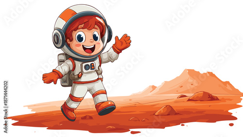 Astronaut Cartoon Waving Arrived at Planet Mars Vector with Spaceship