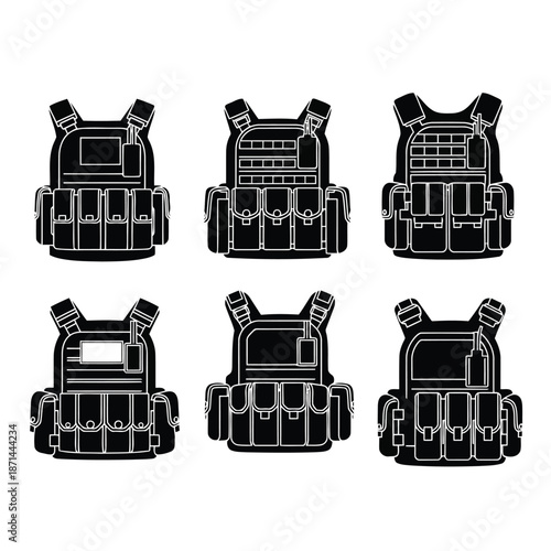 Various tactical vests displayed in a grid layout with different designs and features