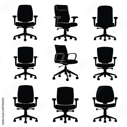 Collection of office chairs depicted in various orientations and views