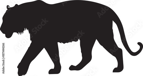 A black silhouette of a panther in a walking position on a plain white background, showcasing its sleek body and tail.