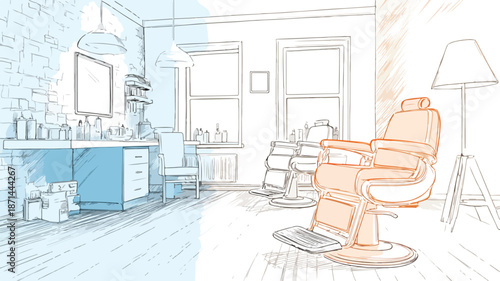 Modern Barbershop Interior Room Vector Illustration on White Background