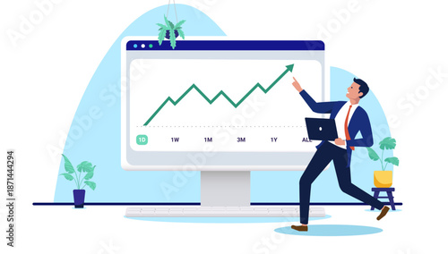 Happy businessman pointing at a rising financial growth arrow on a large computer screen monitor representing digital data analysis and market success in a modern flat design vector illustration