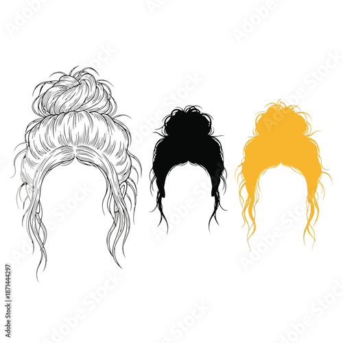 Three women's hairstyles illustrated in different colors and styles from behind